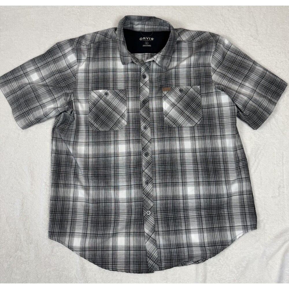 ORVIS Mens Woven Tech Short Sleeve Shirt Size XL Gray Plaid Pockets Outdoor UPF